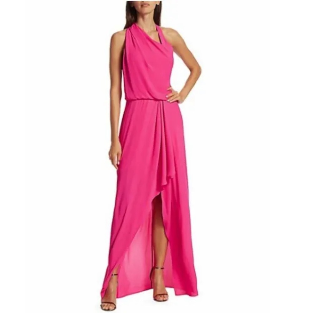 HALSTON Arymetric Draped Gown Azalea Pink 12   NEW MSRP $395